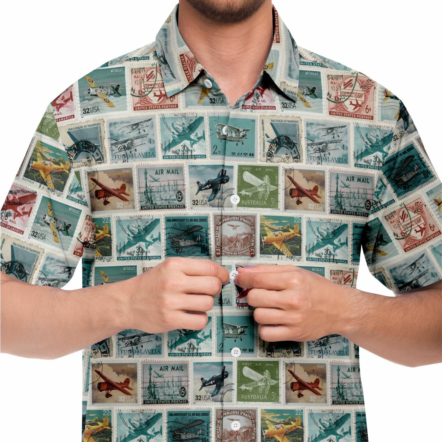 Time to Travel Postage Short Sleeve Button Down Aloha Shirt
