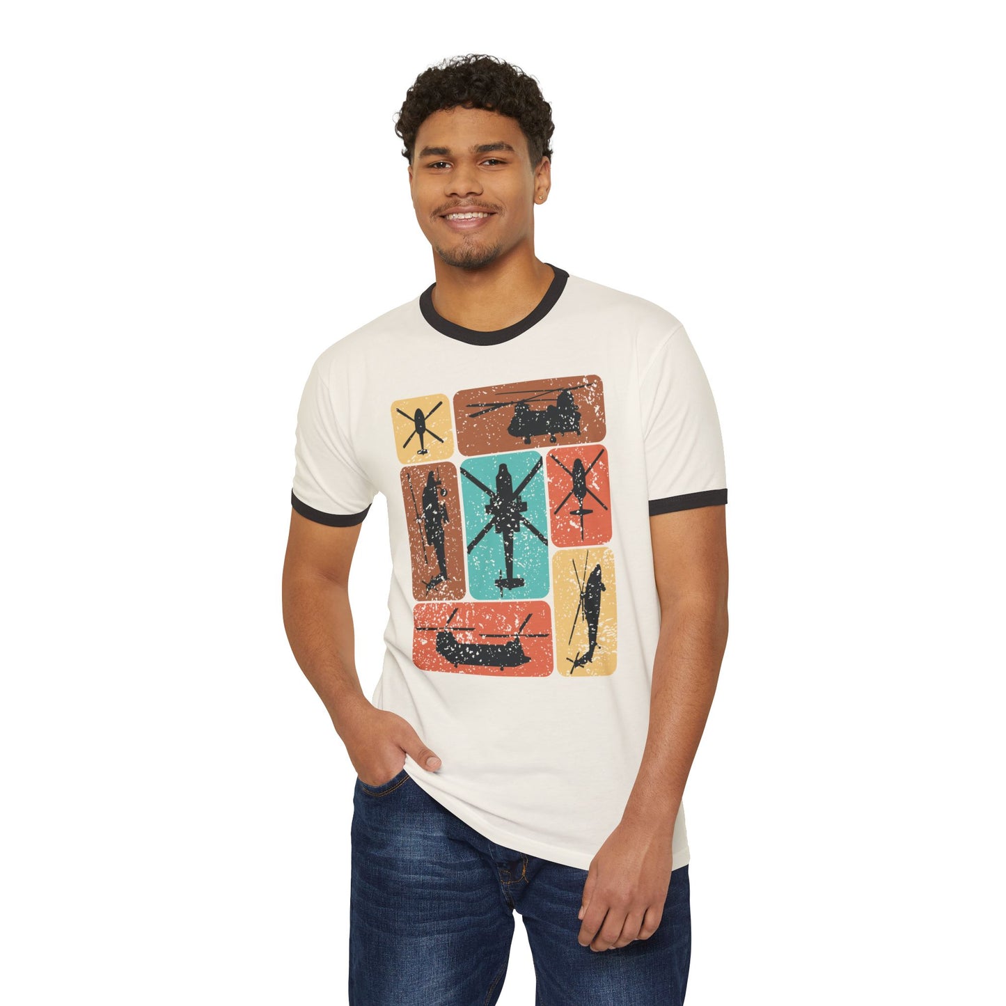 Vintage Helicopter Ringer T-Shirt, Retro Flight Tee