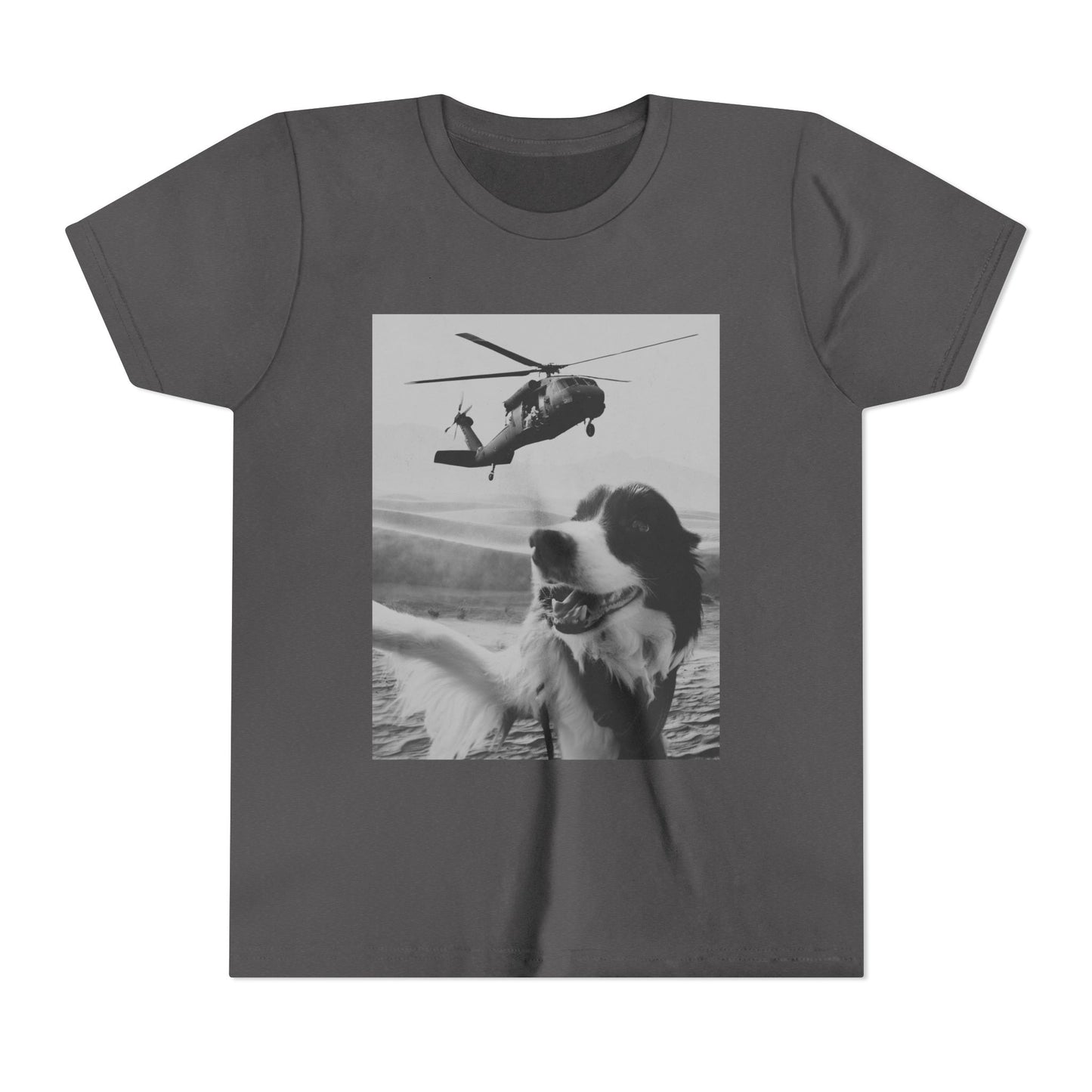 Blackhawk Desert Selfie Youth Short Sleeve Dog Lover Tee, Helicopter Graphic Shirt, Animal T-Shirt
