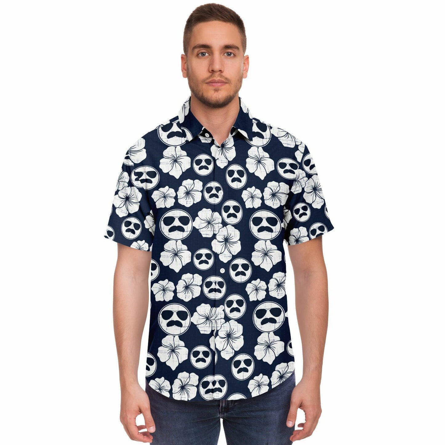 Mustache Aviator Short Sleeve Aloha Button Down Shirt