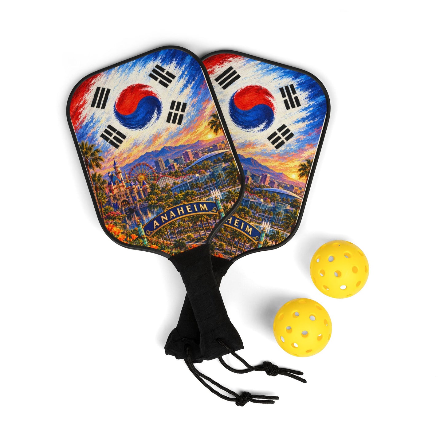 Anaheim Skyline Pickleball Paddle Set with Korean Flag Design – 2-Pack Kit with Balls