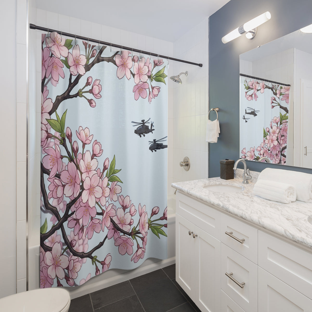 Cherry Blossom & Helicopter Shower Curtain – Floral Military Contrast Bathroom Decor