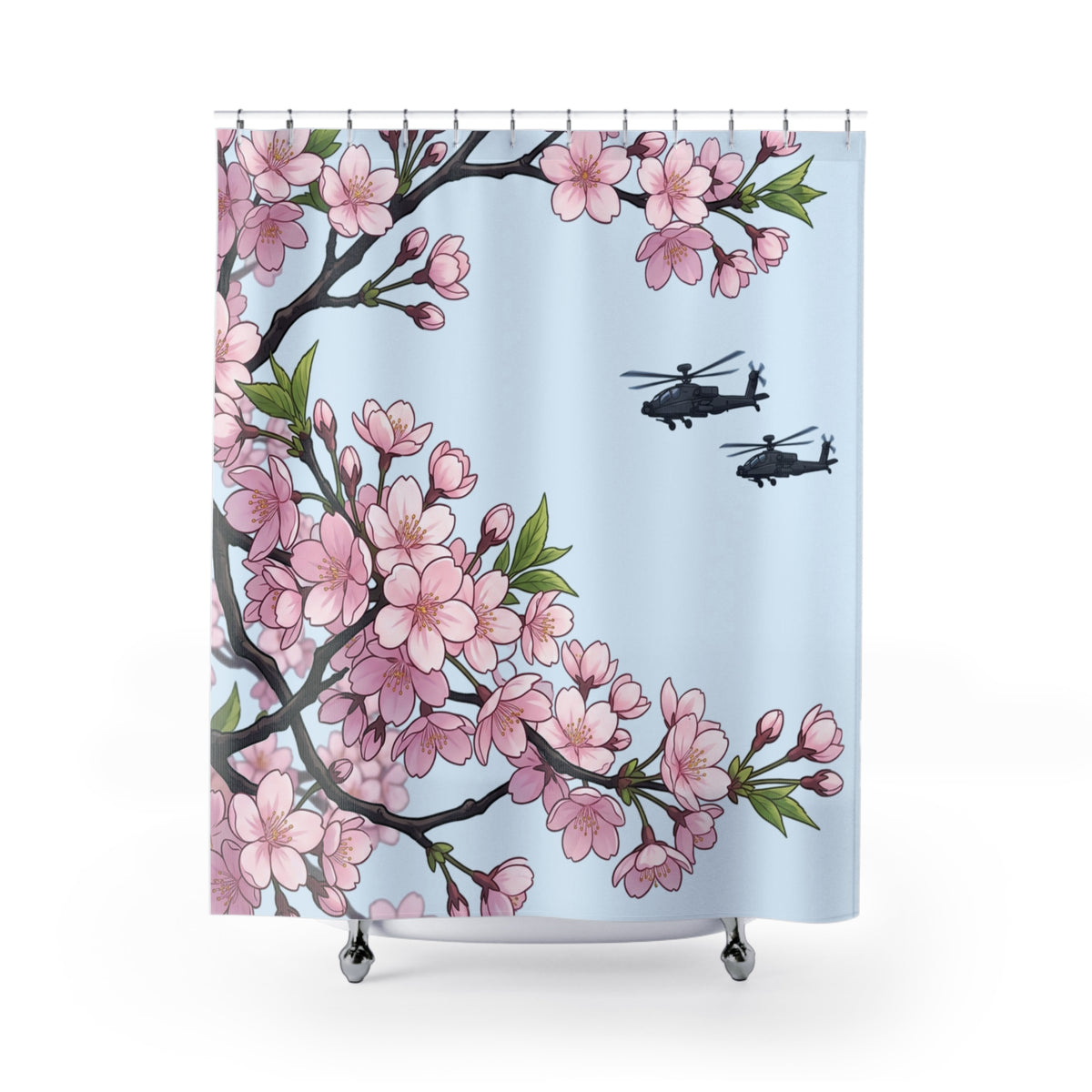 Cherry Blossom & Helicopter Shower Curtain – Floral Military Contrast Bathroom Decor