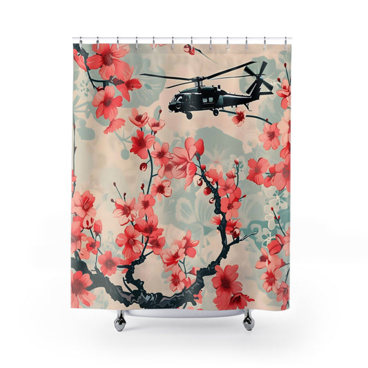 Cherry Blossom Skies: Blackhawk Helicopter Shower Curtain