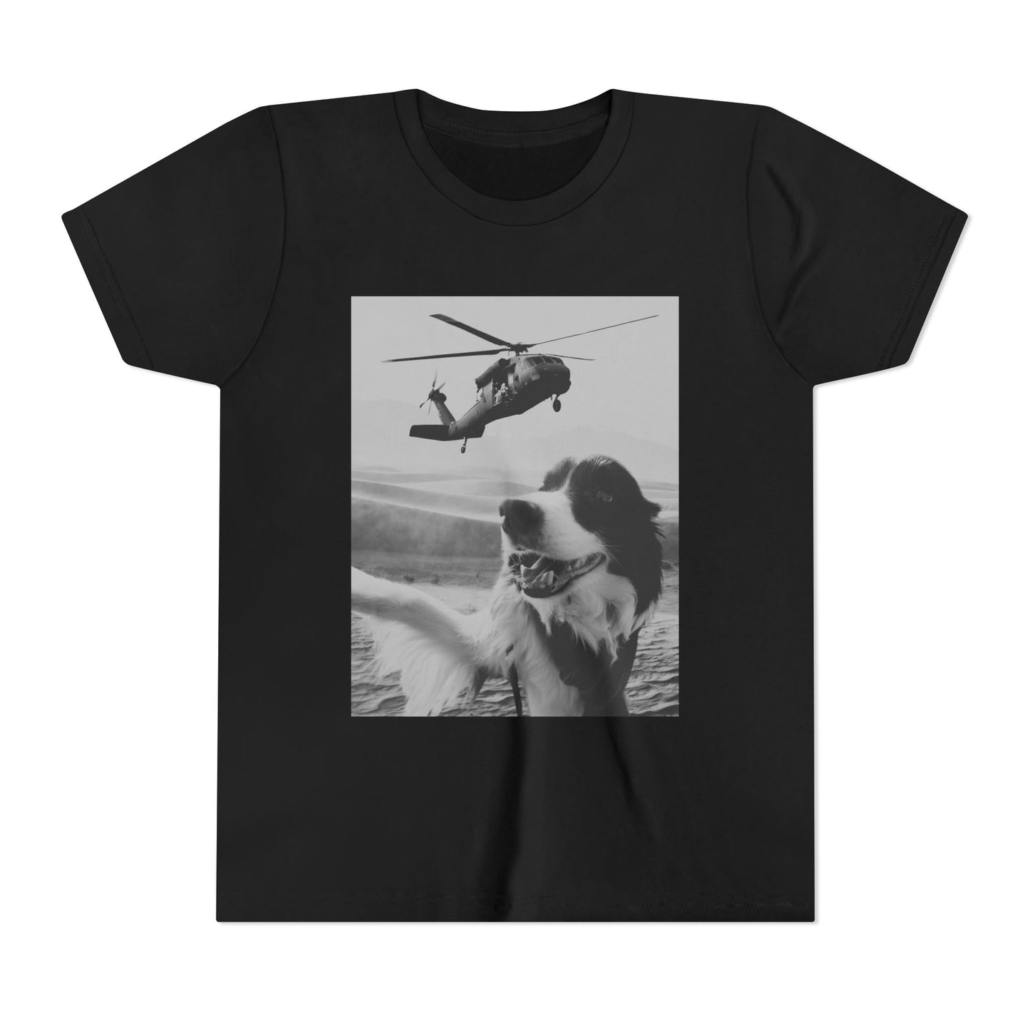 Blackhawk Desert Selfie Youth Short Sleeve Dog Lover Tee, Helicopter Graphic Shirt, Animal T-Shirt