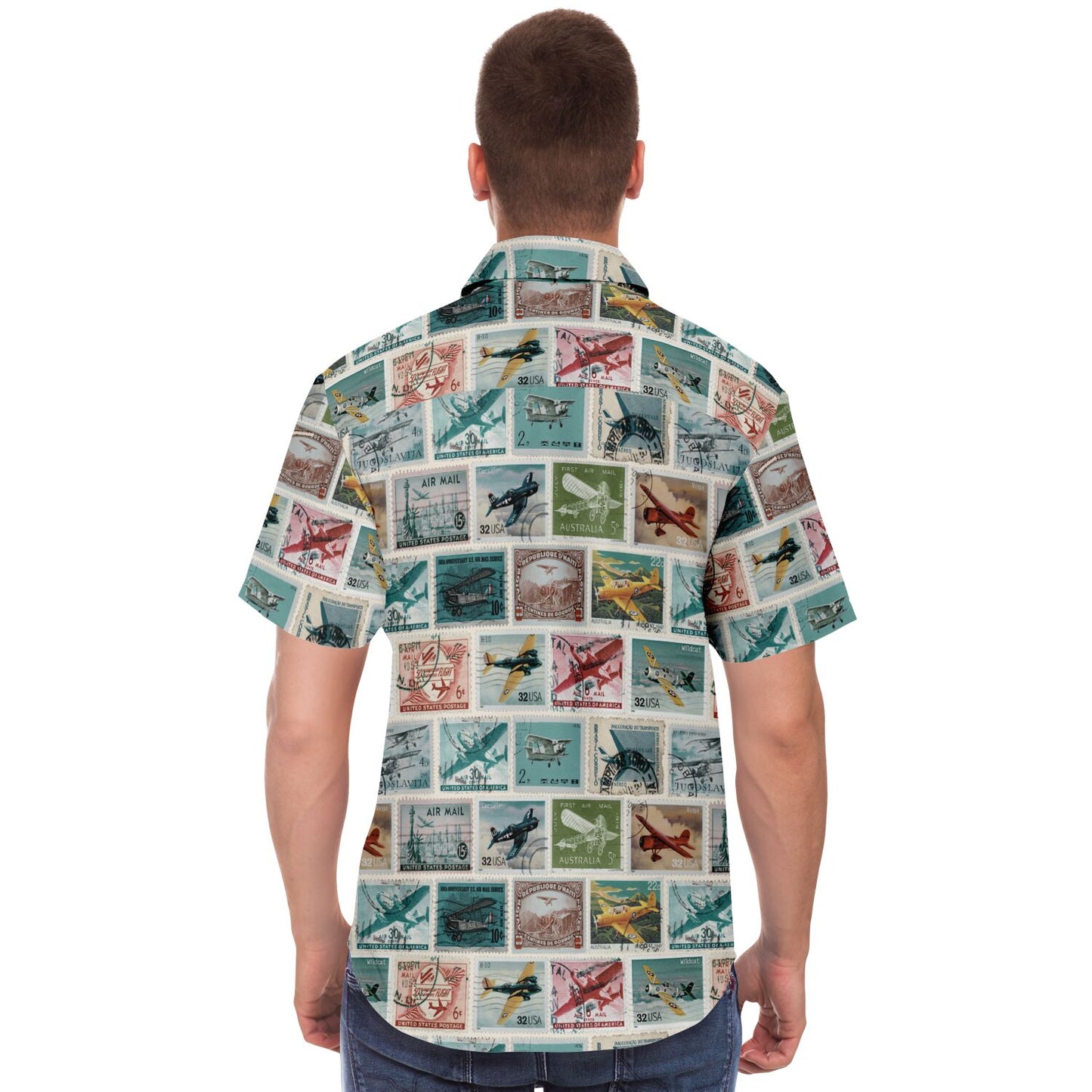 Time to Travel Postage Short Sleeve Button Down Aloha Shirt