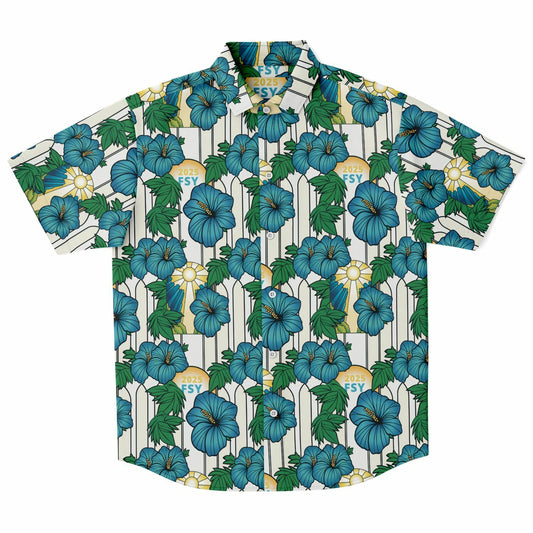 2025 FSY Logo Blue and Green Aloha Short Sleeve Button Down Shirt