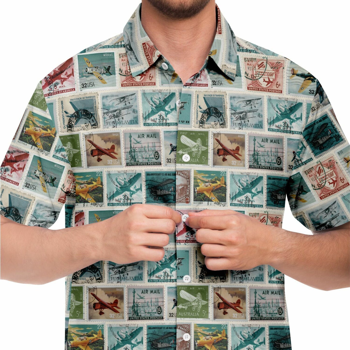 Time to Travel Postage Short Sleeve Button Down Aloha Shirt