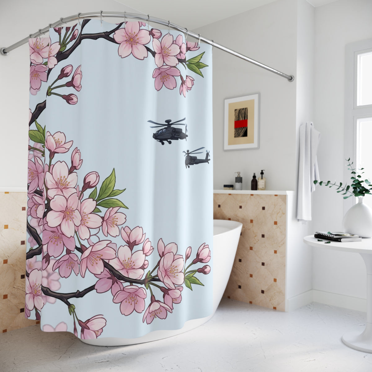 Cherry Blossom & Helicopter Shower Curtain – Floral Military Contrast Bathroom Decor