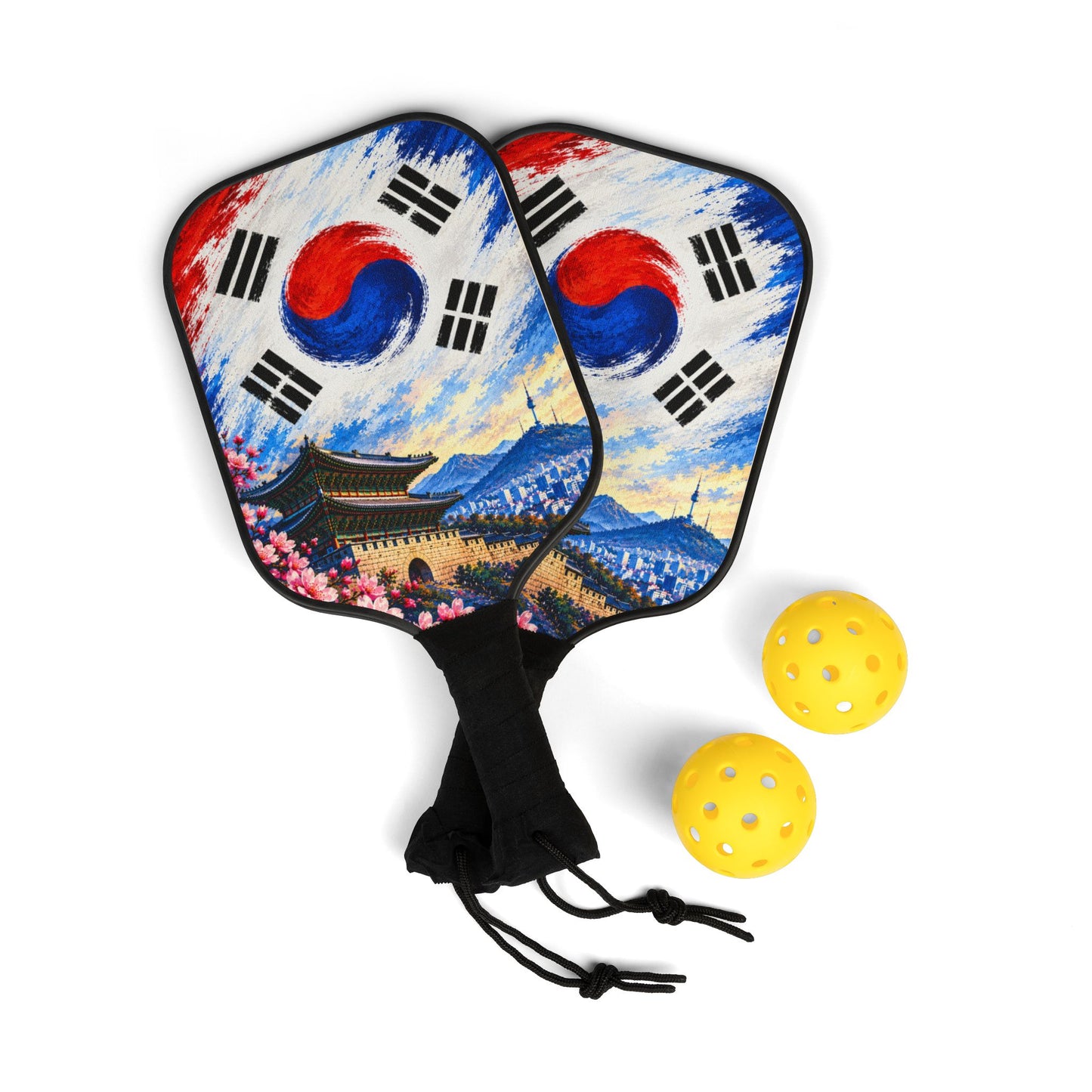 Korean Flag Pickleball Paddles Set – Scenic Taegeuk Design with 2 Balls