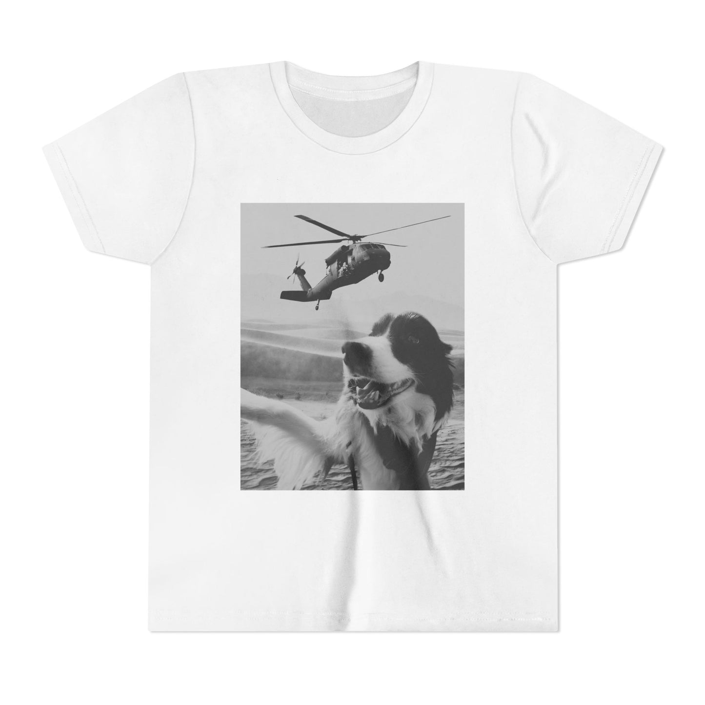Blackhawk Desert Selfie Youth Short Sleeve Dog Lover Tee, Helicopter Graphic Shirt, Animal T-Shirt
