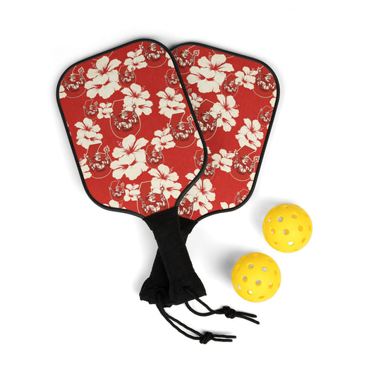 Teddy Roosevelt Red Hawaiian Aloha Floral Pickleball Kit (2 Paddles + 2 Balls)