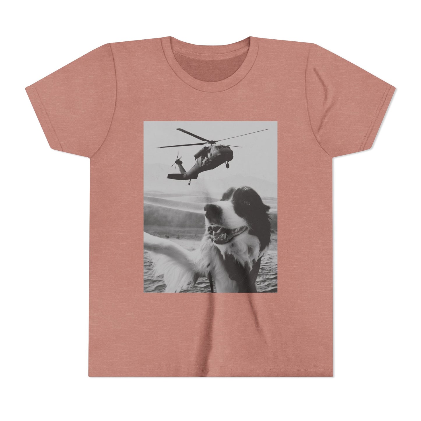 Blackhawk Desert Selfie Youth Short Sleeve Dog Lover Tee, Helicopter Graphic Shirt, Animal T-Shirt