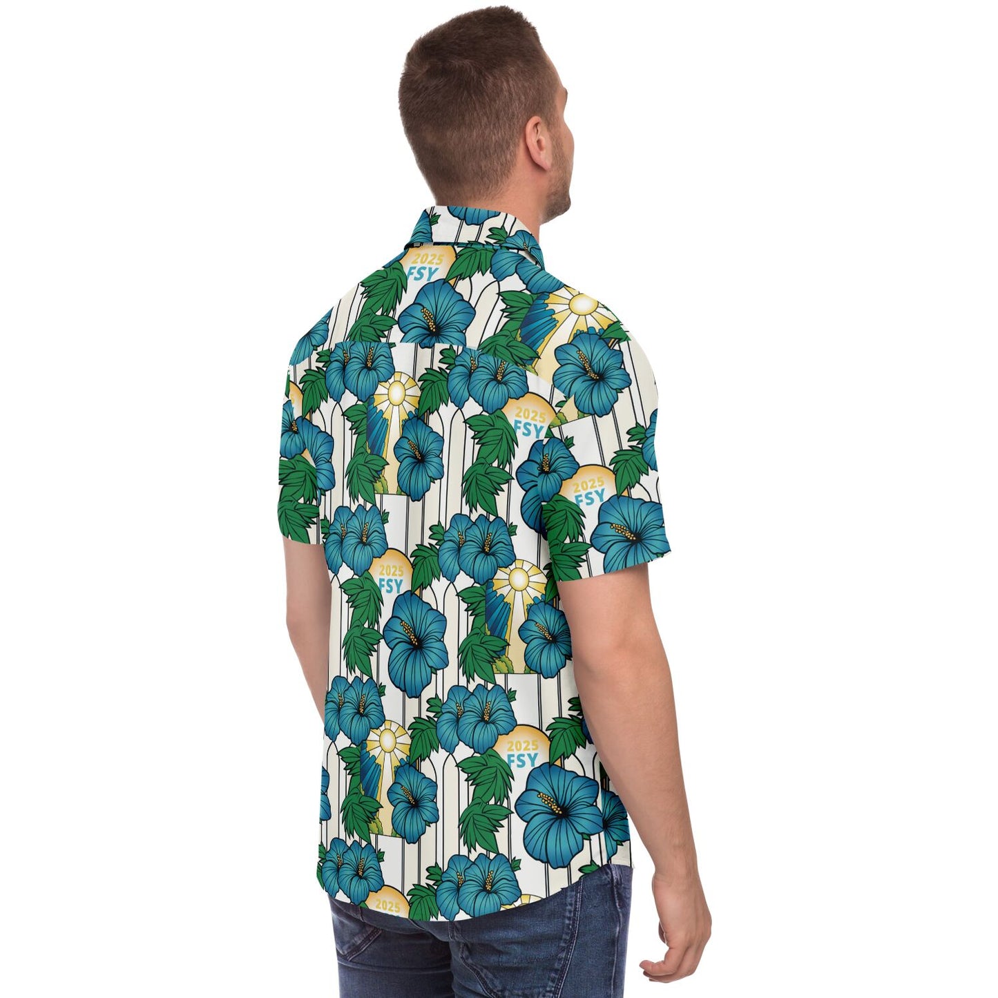 2025 FSY Logo Blue and Green Aloha Short Sleeve Button Down Shirt