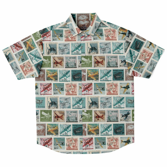 Time to Travel Postage Short Sleeve Button Down Aloha Shirt