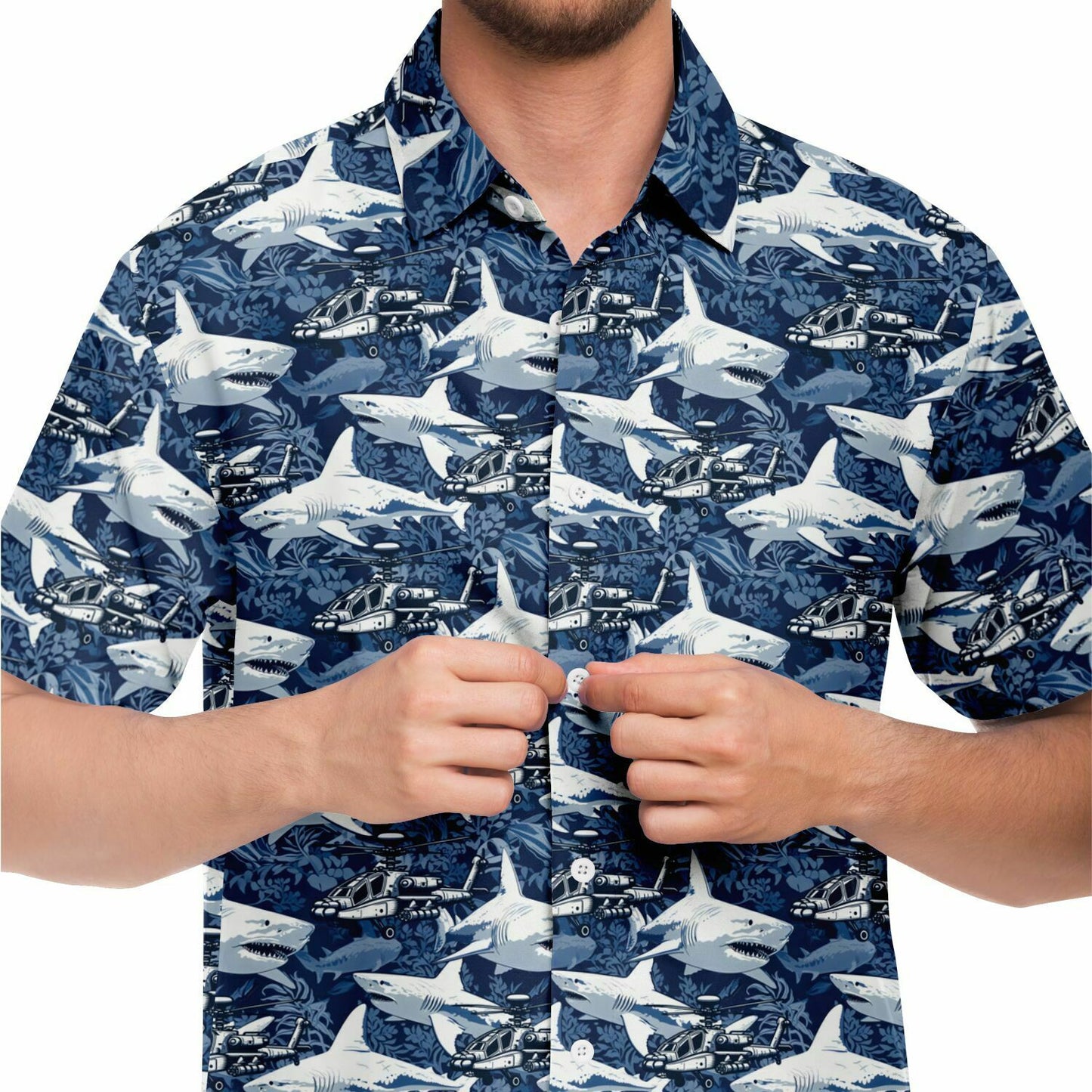 Shark & Apache Attack Aloha Hawaiian Short Sleeve Button Down Shirt