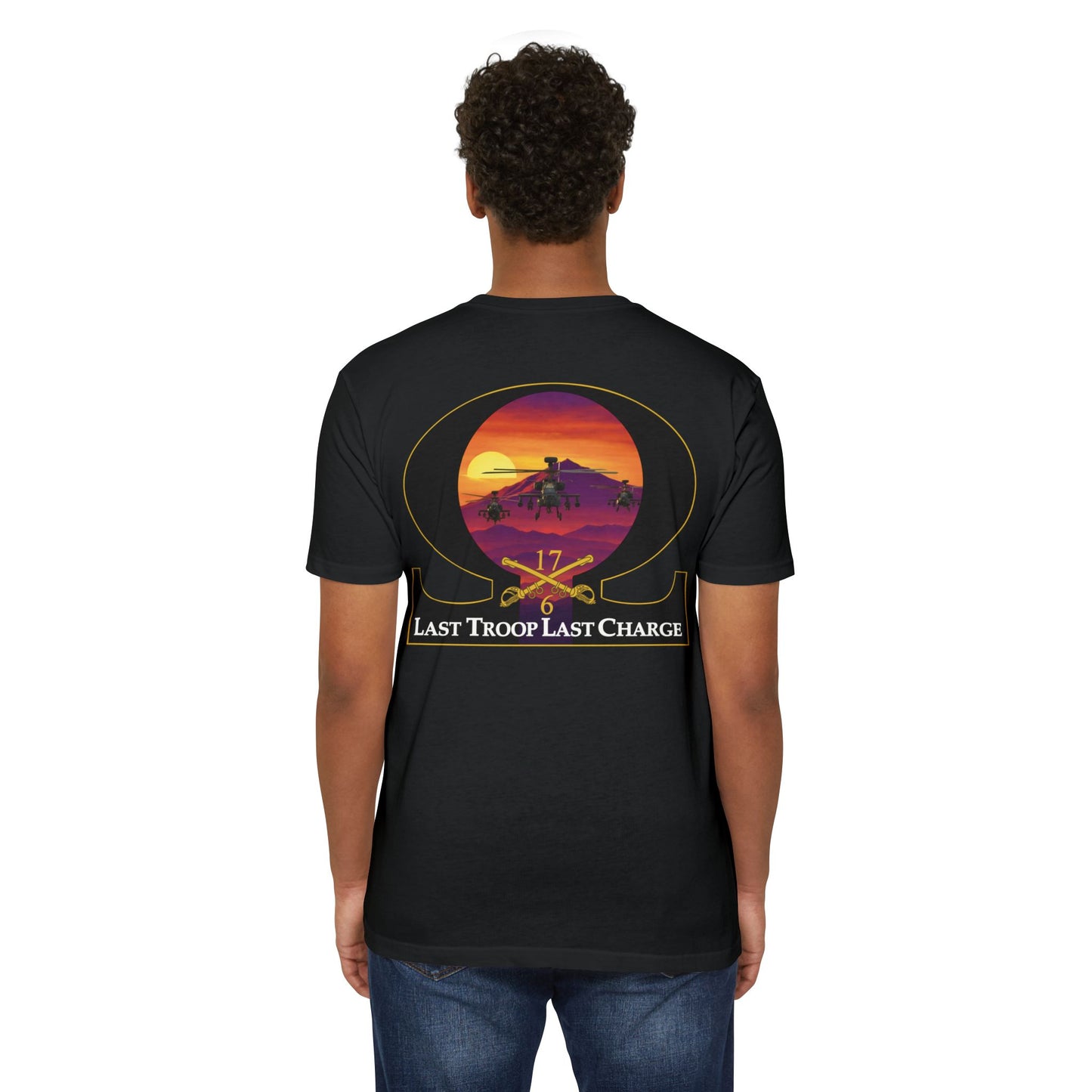 LAST TROOP - LAST CHARGE Sunset **Flag Front** Legacy 6-17 AIR CAV C Troop 60% Cotton 40% Polyester PT CVC Jersey T-Shirt