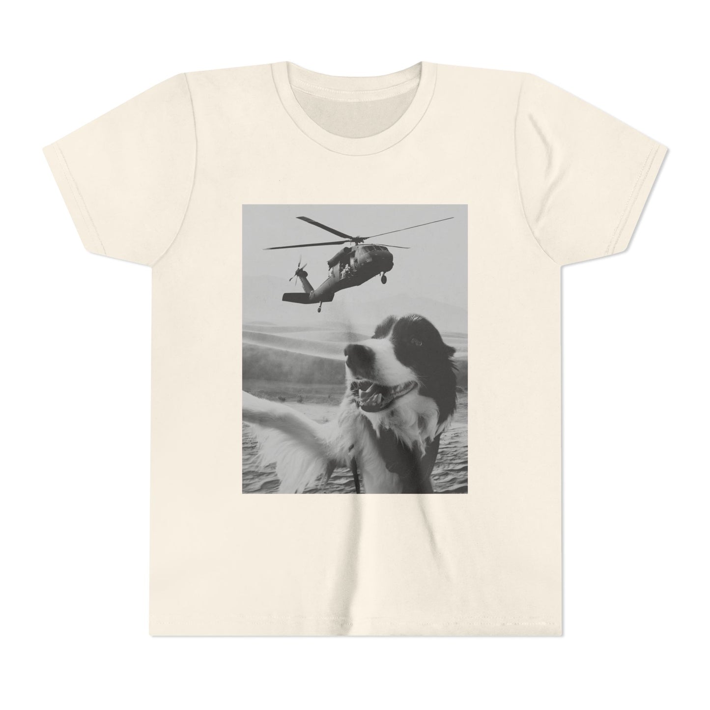 Blackhawk Desert Selfie Youth Short Sleeve Dog Lover Tee, Helicopter Graphic Shirt, Animal T-Shirt