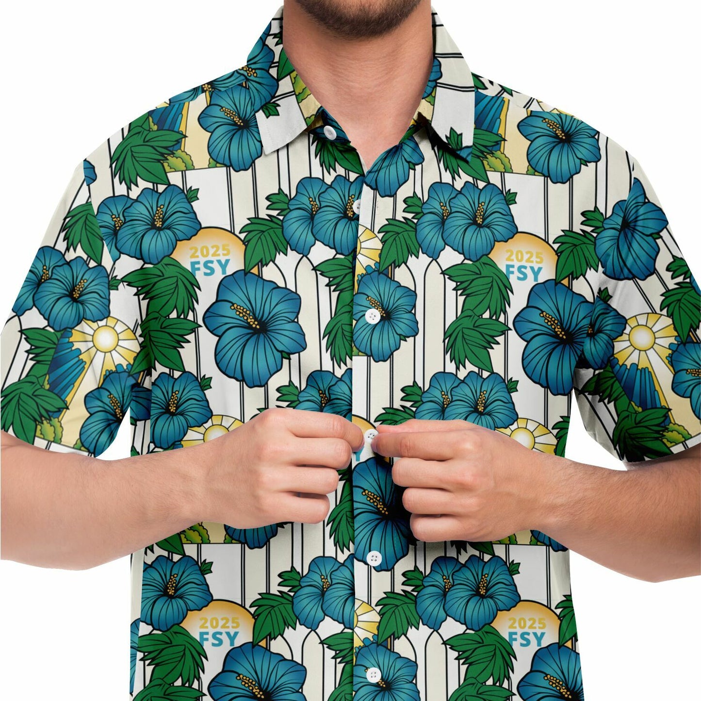 2025 FSY Logo Blue and Green Aloha Short Sleeve Button Down Shirt