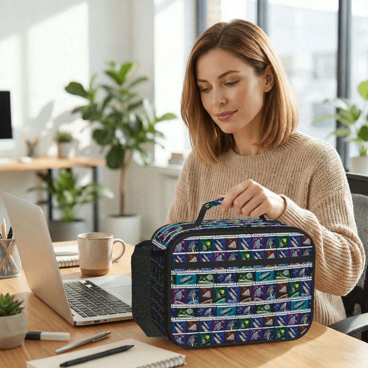 Space Postage Horizontal Insulated Lunch Tote Bag