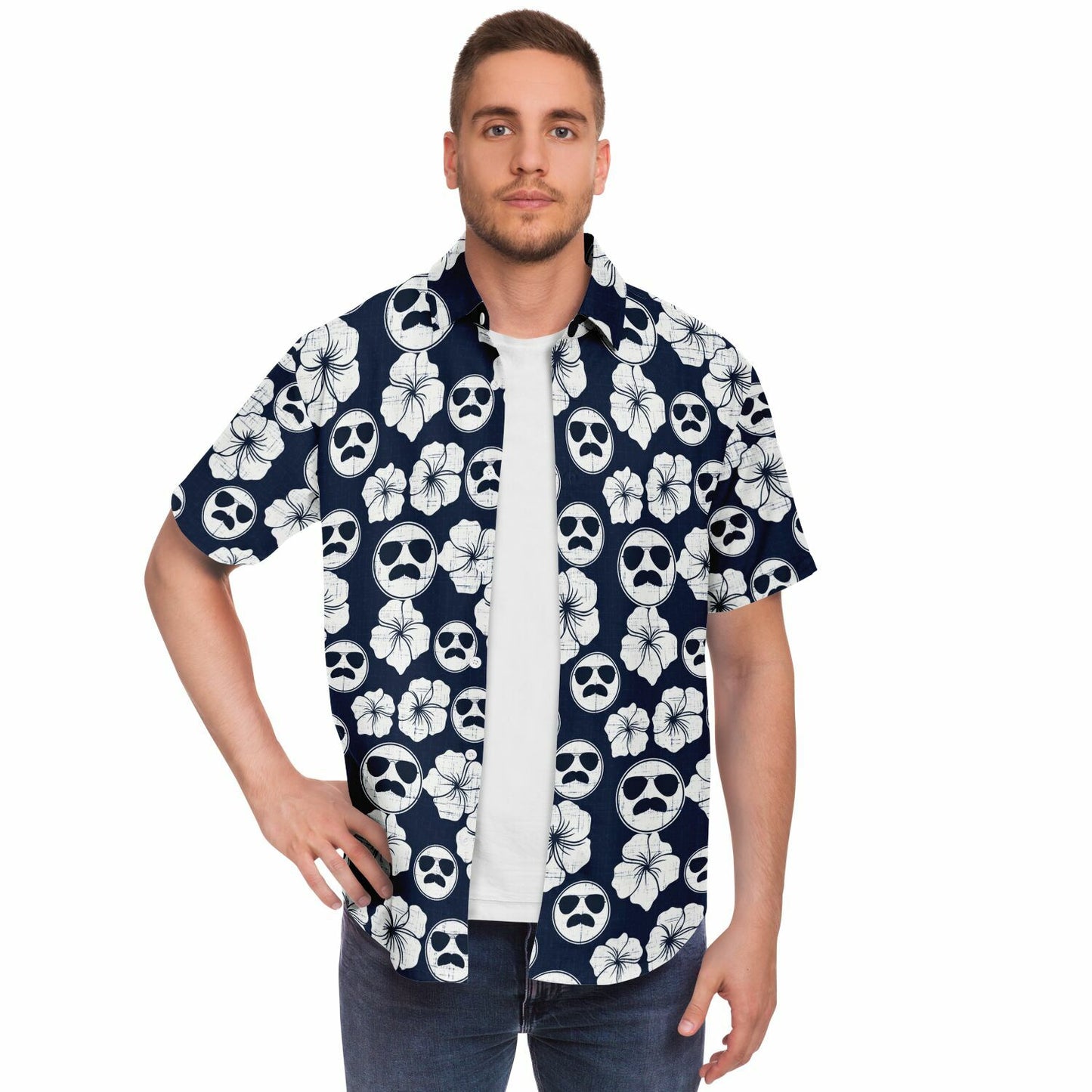Mustache Aviator Short Sleeve Aloha Button Down Shirt