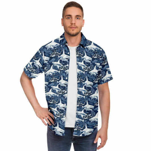 Shark & Apache Attack Aloha Hawaiian Short Sleeve Button Down Shirt