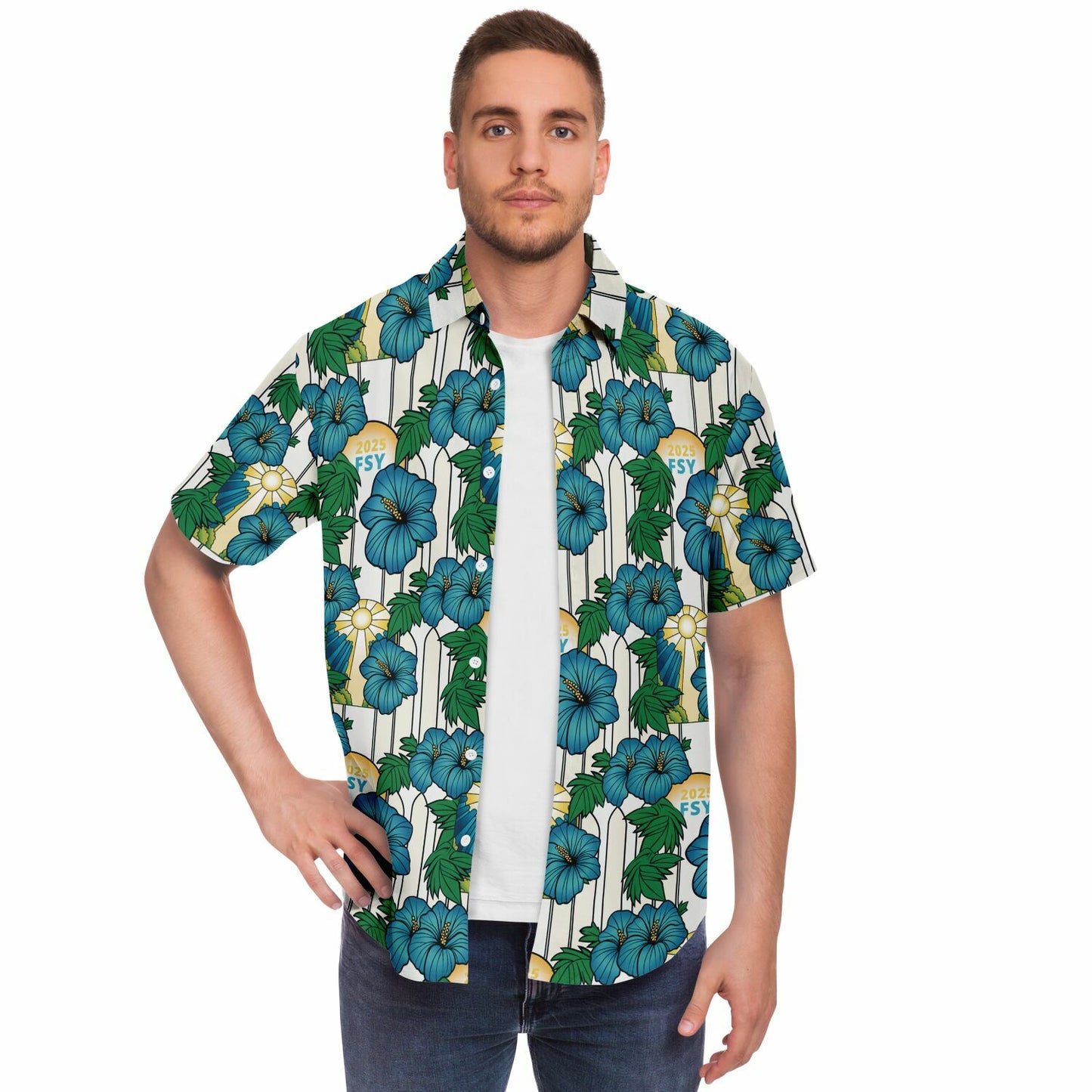 2025 FSY Logo Blue and Green Aloha Short Sleeve Button Down Shirt