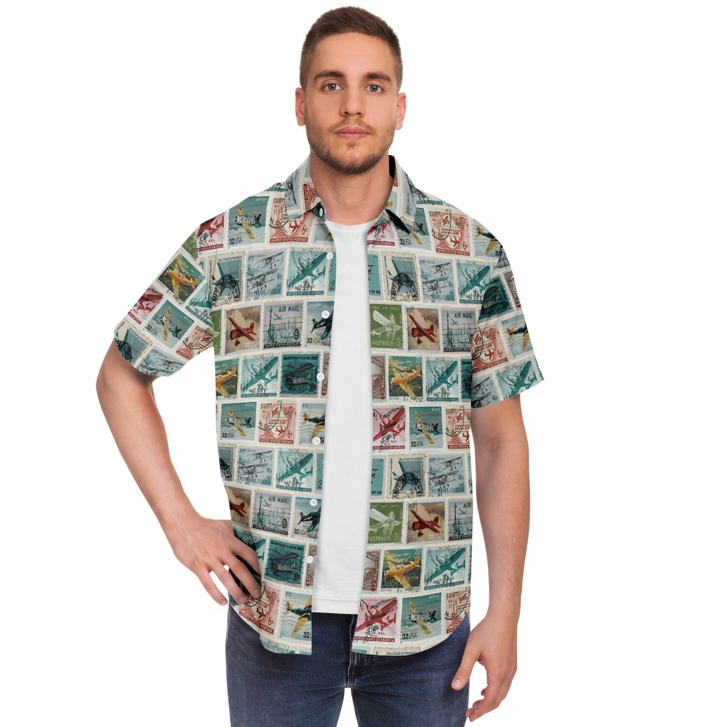 Time to Travel Postage Short Sleeve Button Down Aloha Shirt