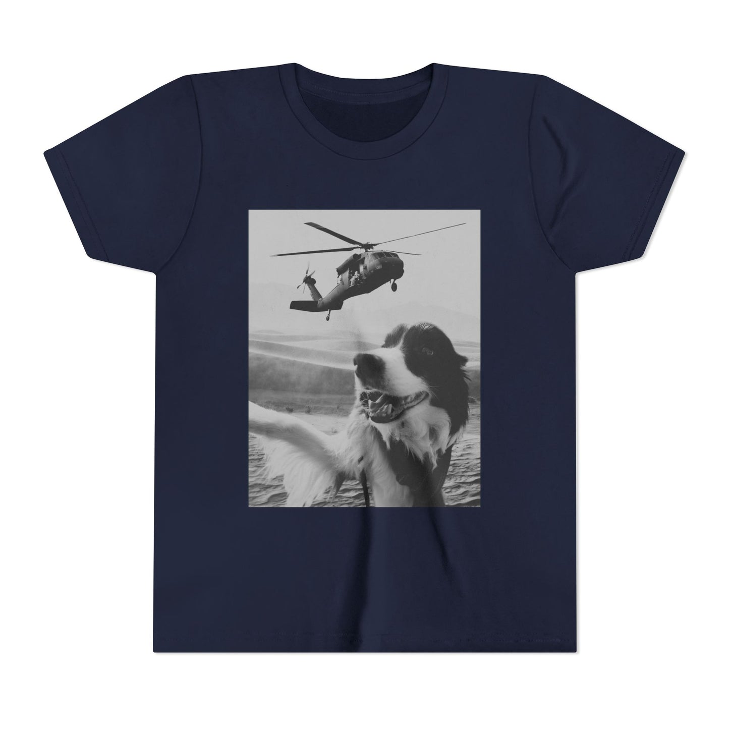 Blackhawk Desert Selfie Youth Short Sleeve Dog Lover Tee, Helicopter Graphic Shirt, Animal T-Shirt