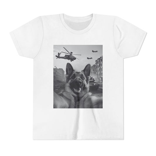 Funny Apache Dog Selfie Youth Short Sleeve Dog Lover Tee, Helicopter Graphic Shirt, Animal T-Shirt