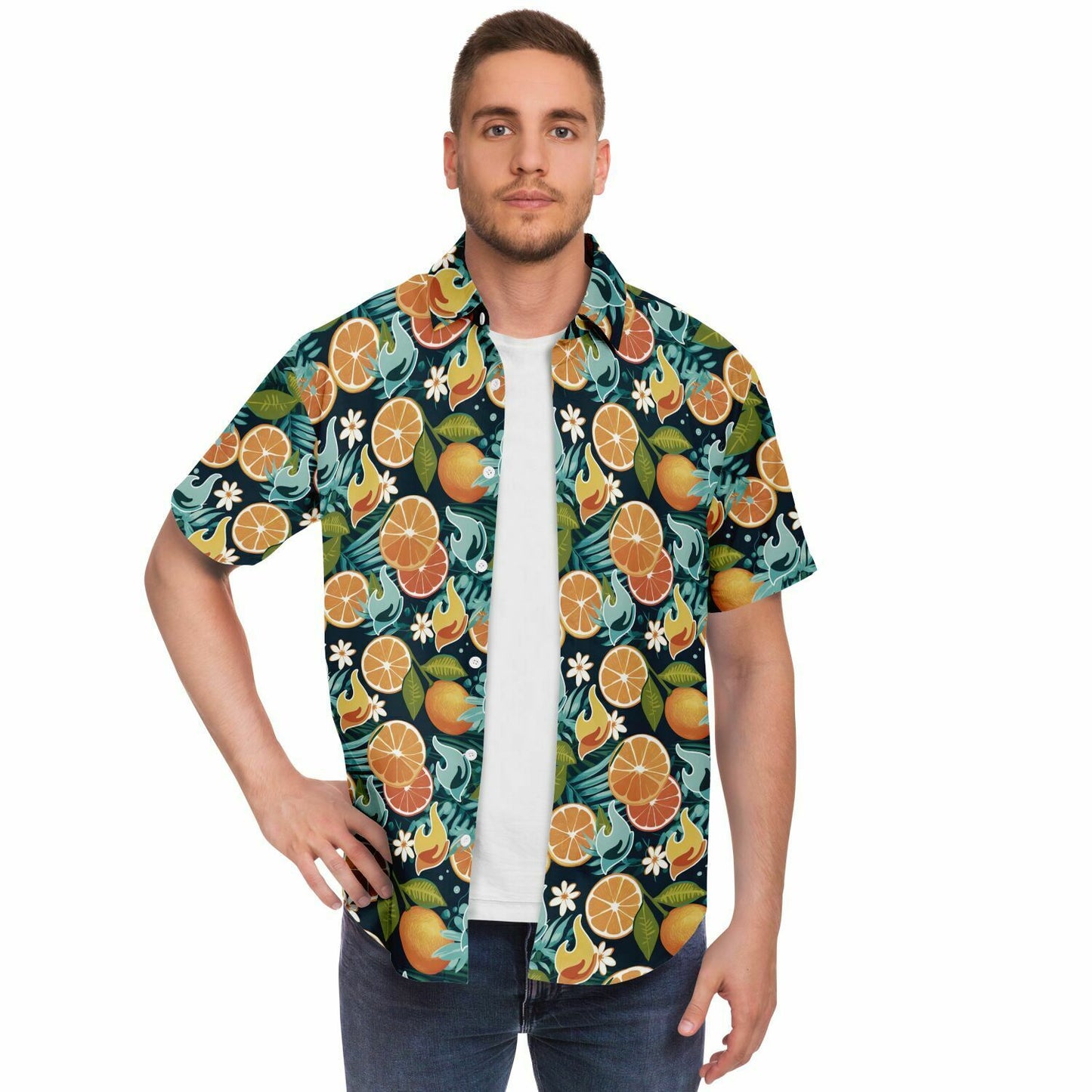 FSY 2024 Grapefruit Hawaiian Short Sleeve Button Down Shirt, LDS Youth Theme Logo, Hibiscus Flower, Youth Conference 2024