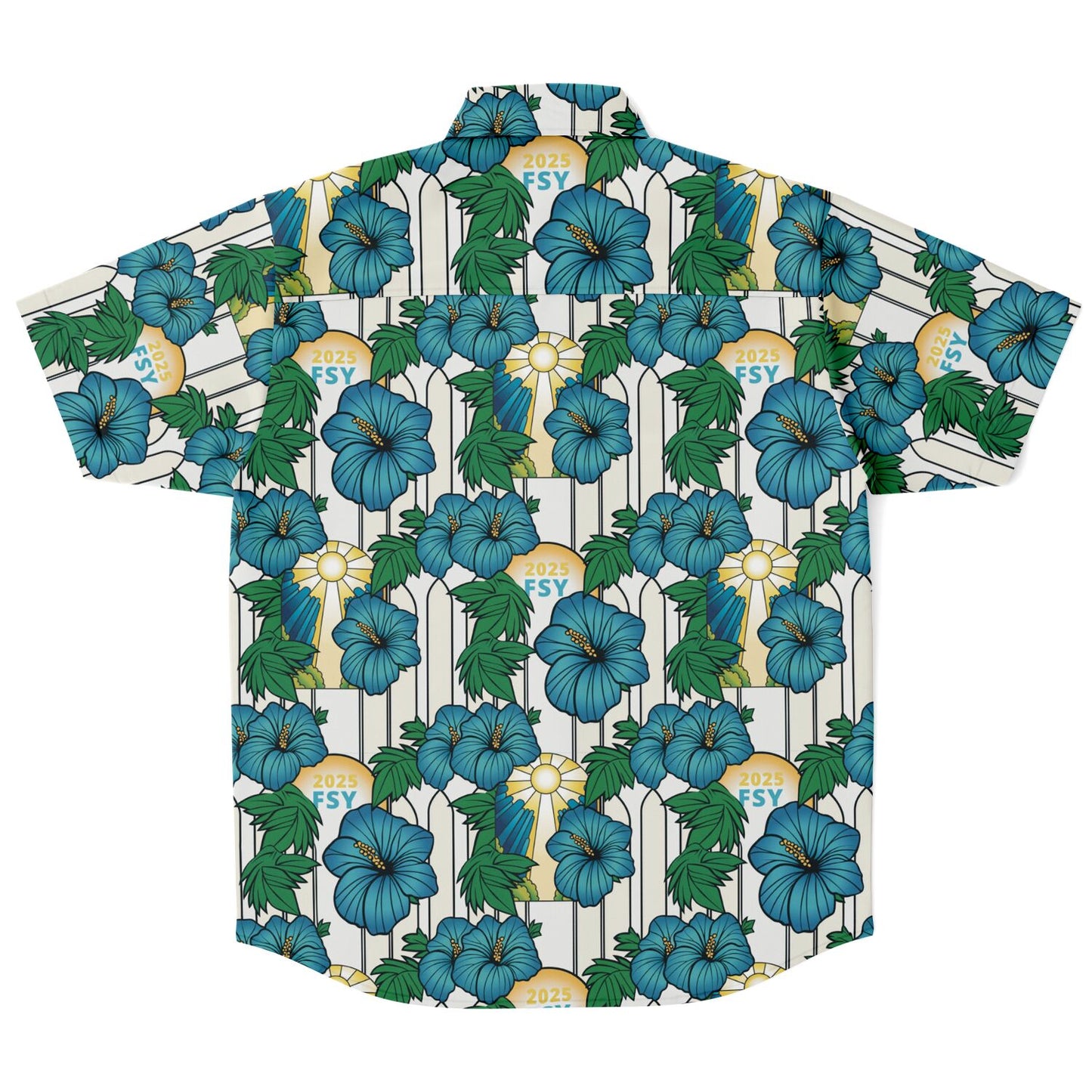 2025 FSY Logo Blue and Green Aloha Short Sleeve Button Down Shirt