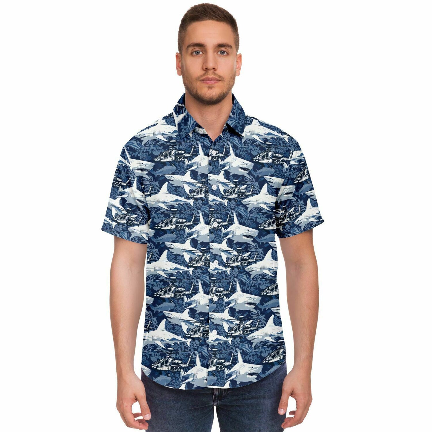 Shark & Apache Attack Aloha Hawaiian Short Sleeve Button Down Shirt