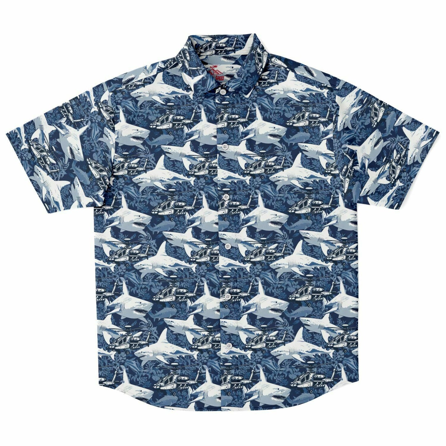 Shark & Apache Attack Aloha Hawaiian Short Sleeve Button Down Shirt