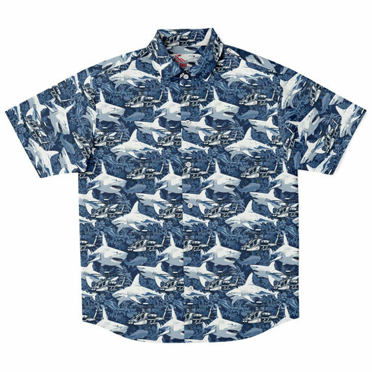 Shark & Apache Attack Aloha Hawaiian Short Sleeve Button Down Shirt