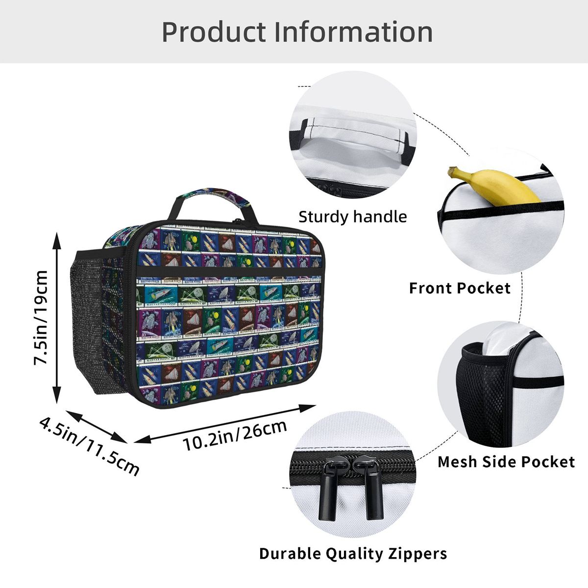 Space Postage Horizontal Insulated Lunch Tote Bag