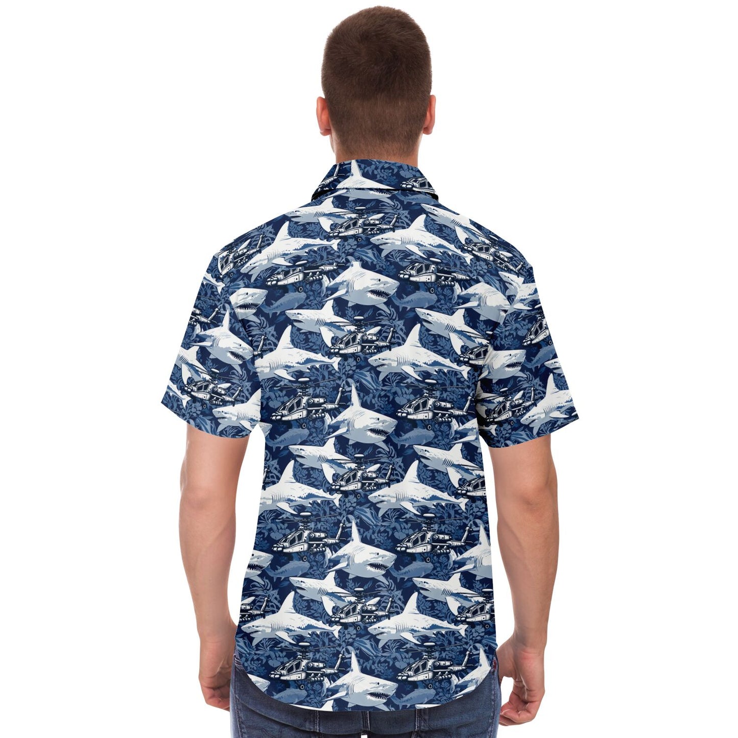 Shark & Apache Attack Aloha Hawaiian Short Sleeve Button Down Shirt