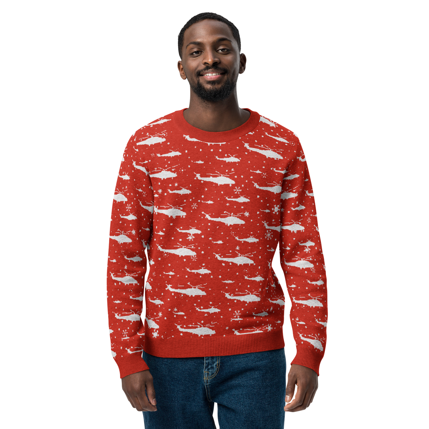 Red Blackhawk Helicopter Knitted Christmas crew neck sweater