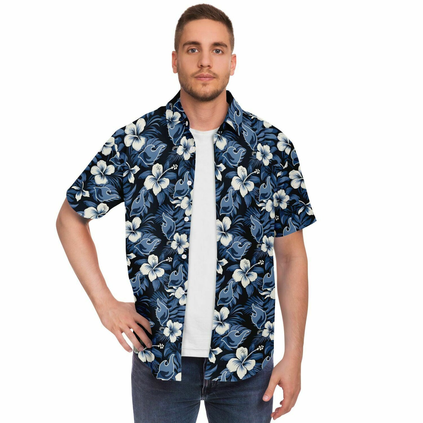 FSY 2024 Navy Hawaiian Short Sleeve Button Down Shirt, LDS Youth Conference Theme Logo 2024, Aloha Shirt