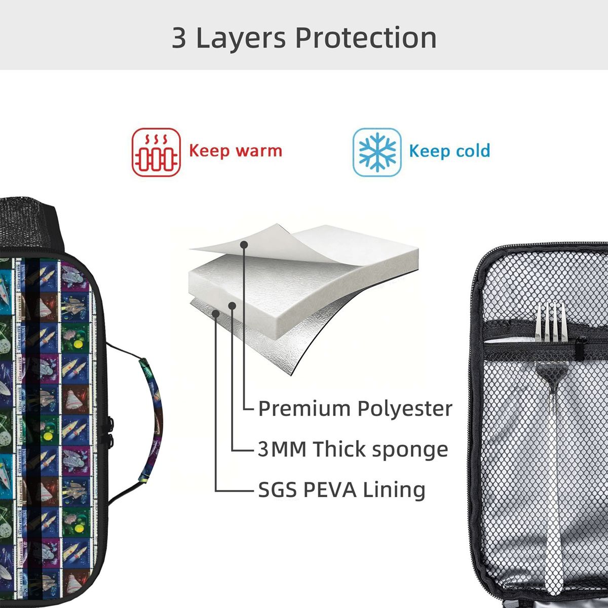 Space Postage Horizontal Insulated Lunch Tote Bag