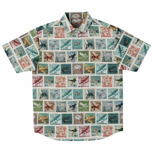 Time to Travel Postage Short Sleeve Button Down Aloha Shirt